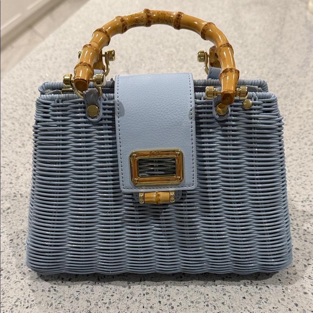Lilly Pulitzer Light Blue Woven Satchel with Bamboo Handle
